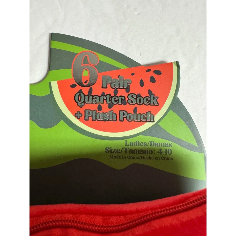 Moon Cake 6 Pair Quarter Socks Ladies 4-10 Watermelon Plush Pouch‎